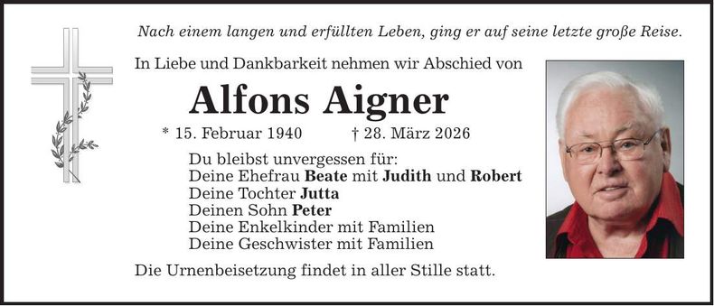 Traueranzeige Alfons Aigner