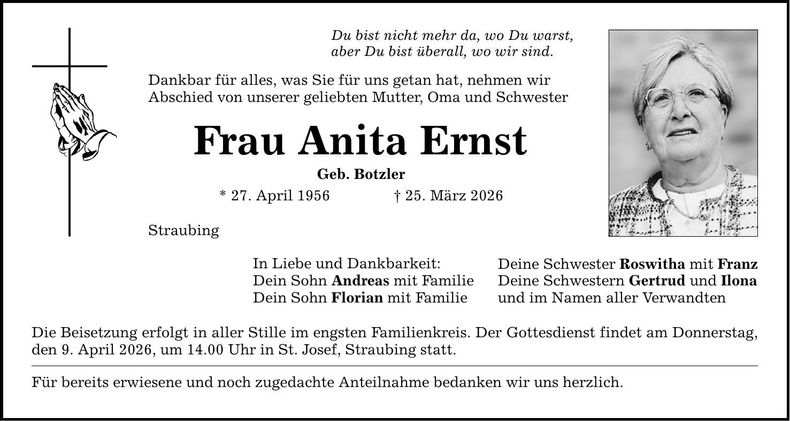 Traueranzeige Anita Ernst