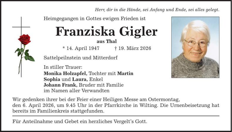 Traueranzeige Franziska Gigler