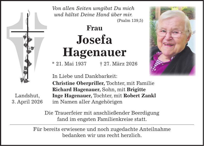 Traueranzeige Josefa Hagenauer