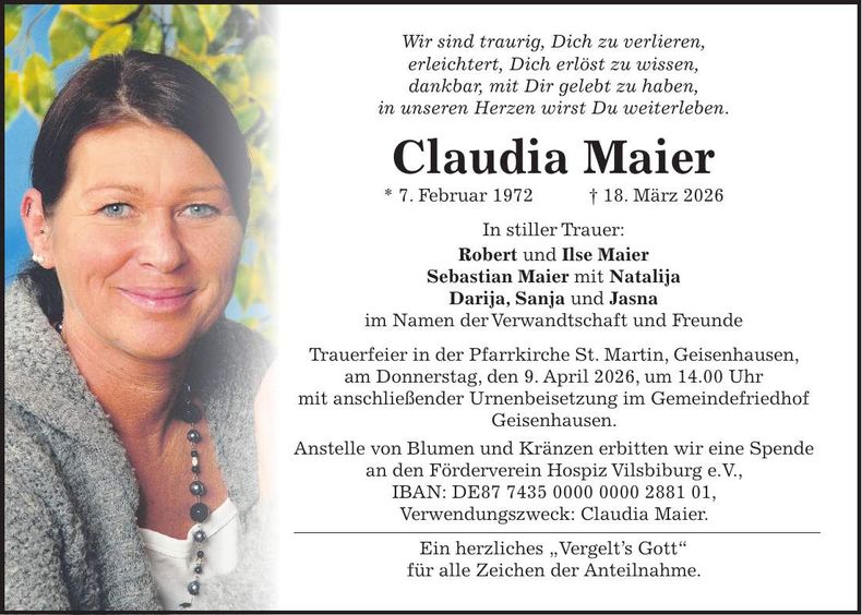 Traueranzeige Claudia Maier