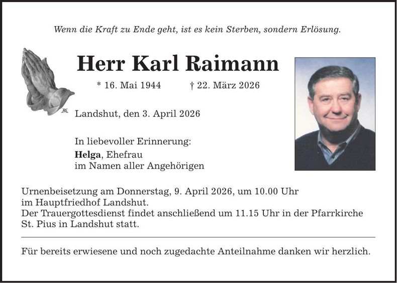 Traueranzeige Karl Raimann