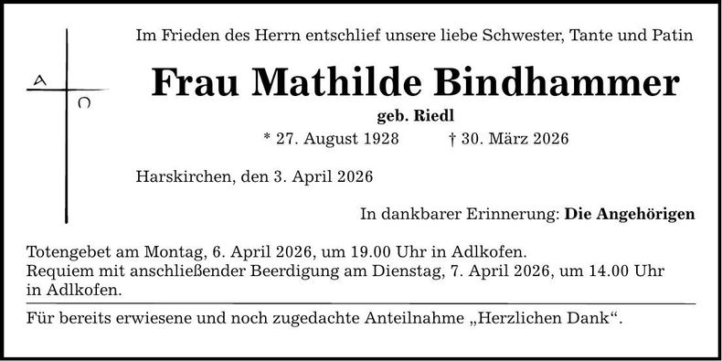 Traueranzeige Mathilde Bindhammer