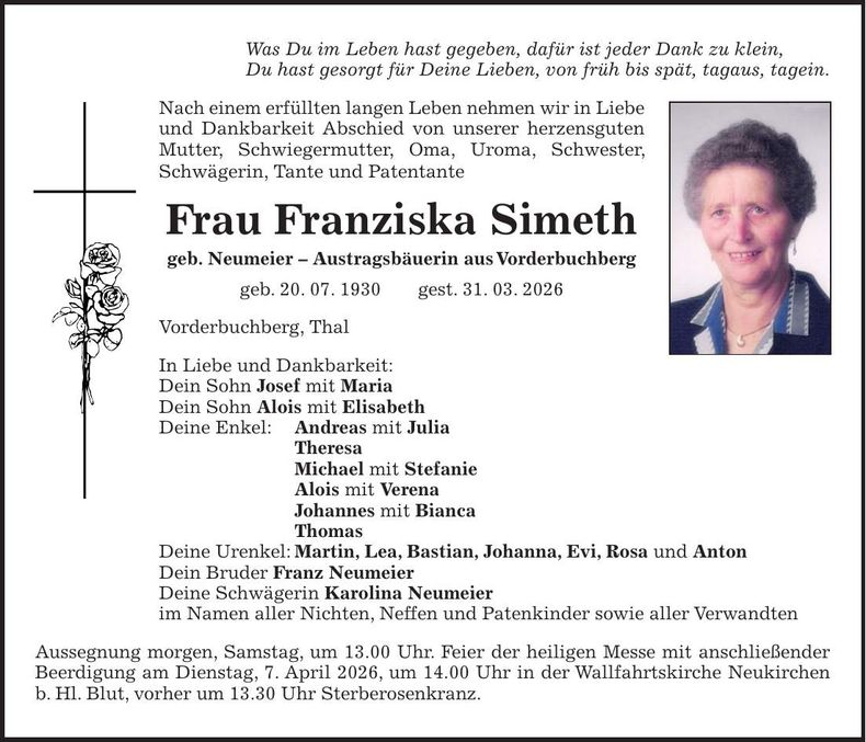 Traueranzeige Franziska Simeth