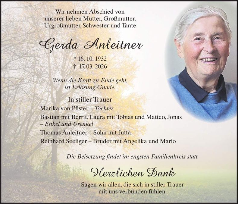 Traueranzeige Gerda  Anleitner 