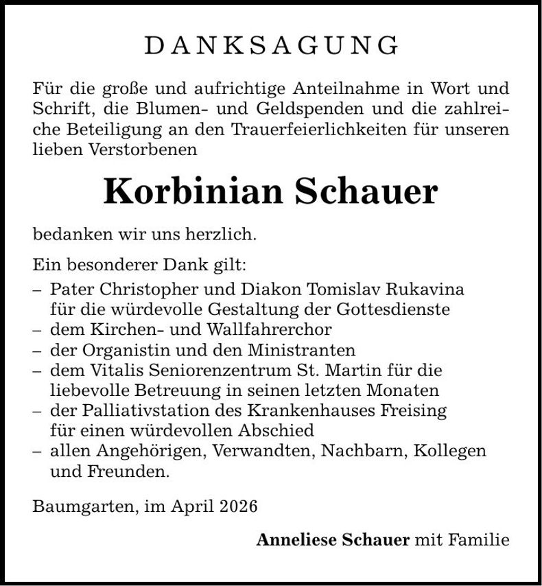 Traueranzeige Korbinian Schauer