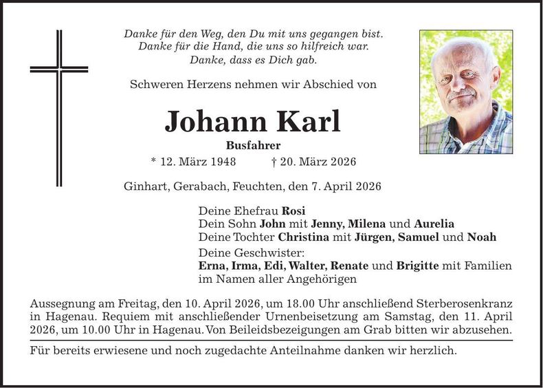 Traueranzeige Johann Karl