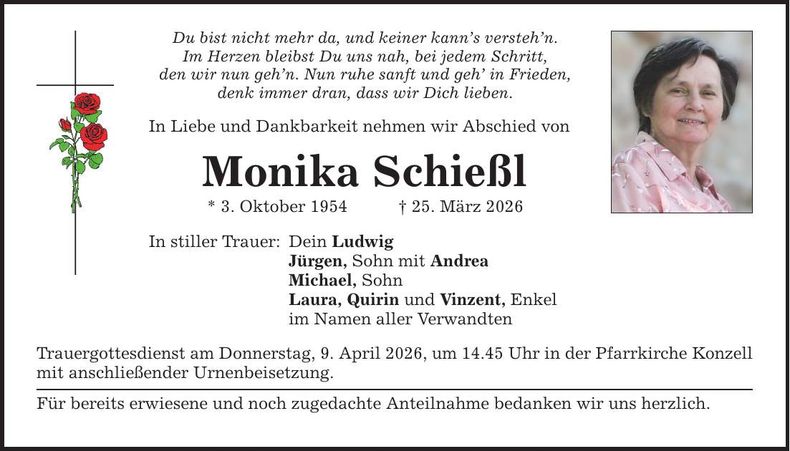 Traueranzeige Monika Schießl