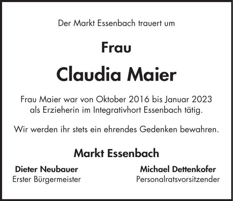 Traueranzeige Claudia Maier