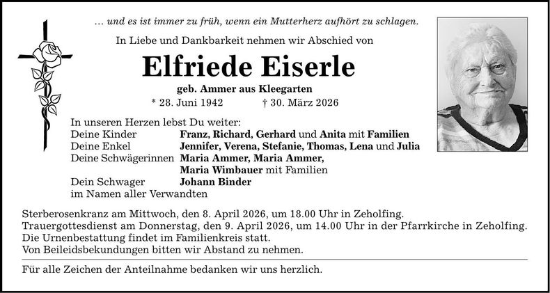 Traueranzeige Elfriede Eiserle