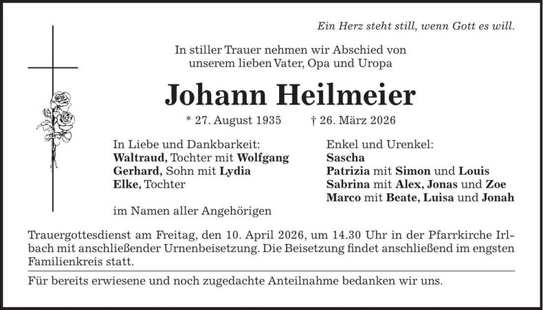 Traueranzeige Johann Heilmeier