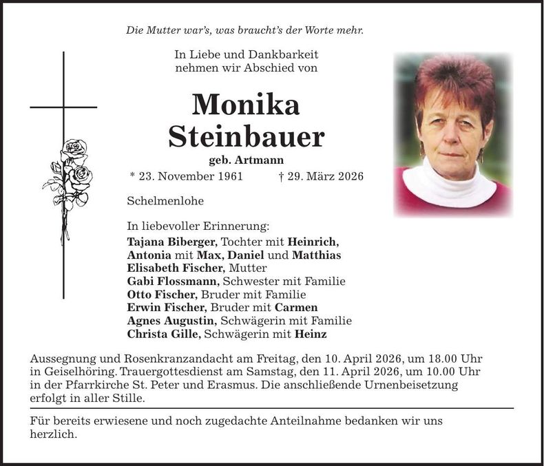 Traueranzeige Monika Steinbauer