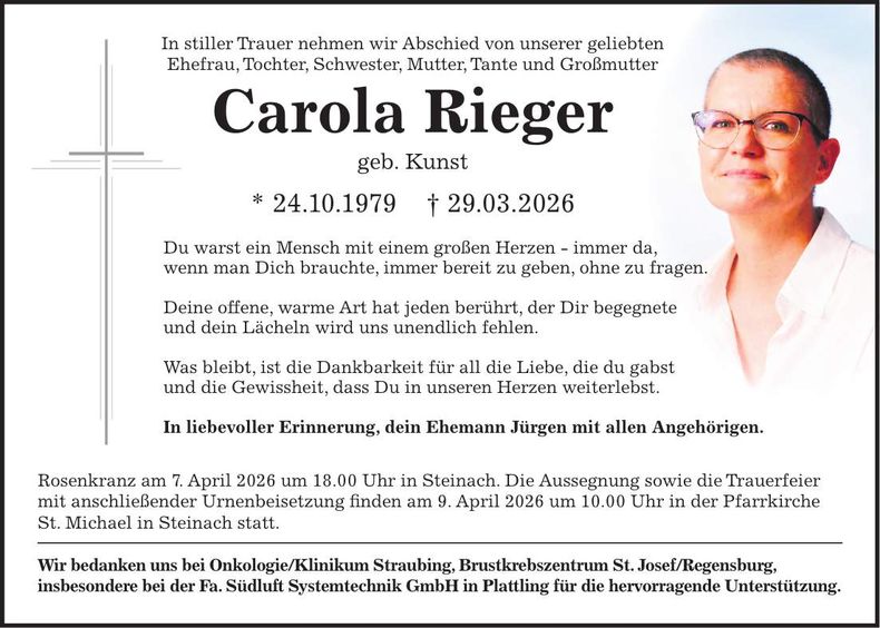 Traueranzeige Carola  Rieger 