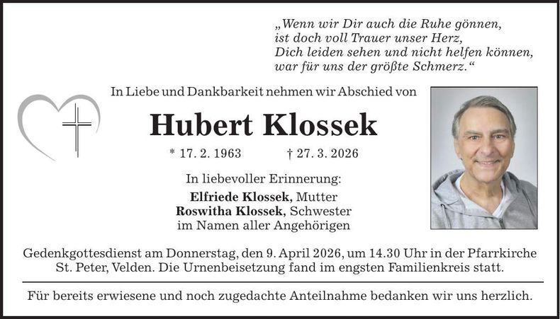 Traueranzeige Hubert Klossek