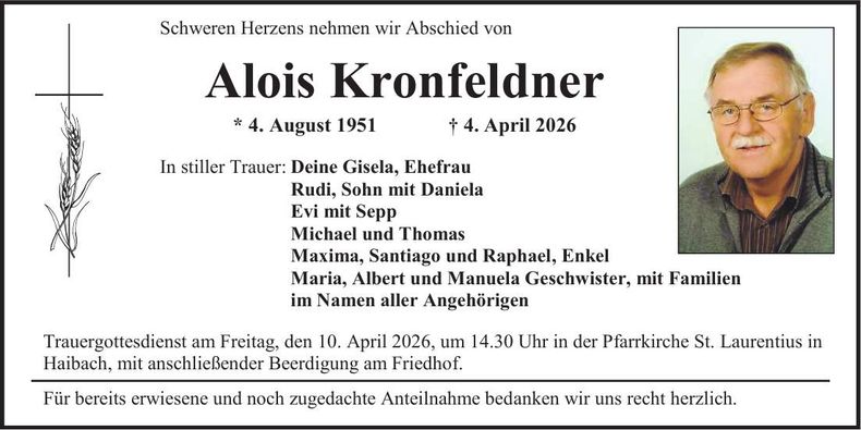 Traueranzeige Alois  Kronfeldner 