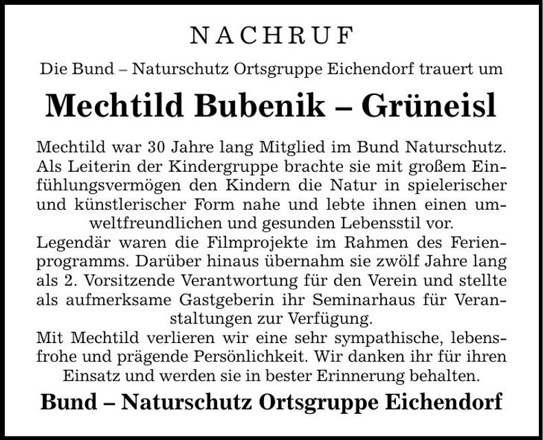 Traueranzeige Mechtild Bubenik - Grüneisl