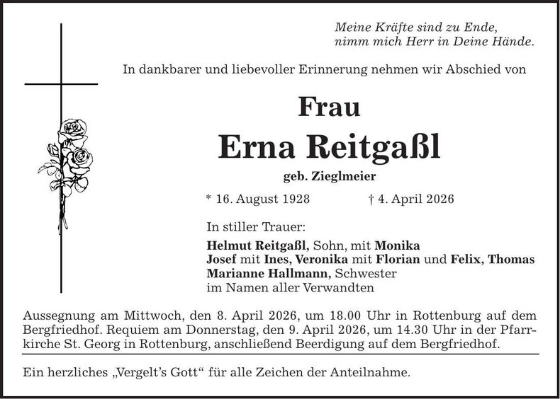 Traueranzeige Erna Reitgaßl