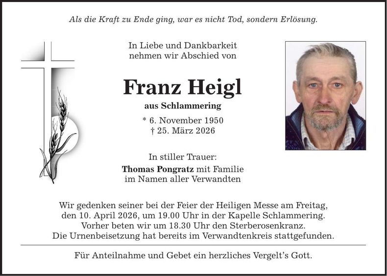 Traueranzeige Franz Heigl