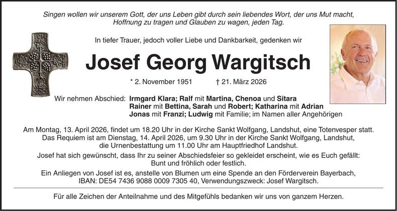 Traueranzeige Josef Georg Wargitsch