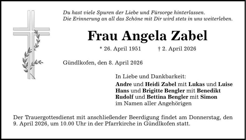 Traueranzeige Angela Zabel