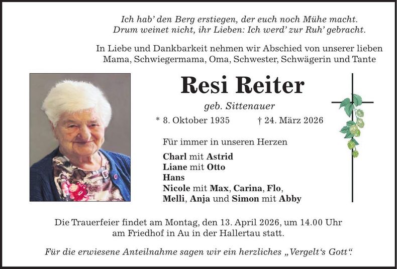 Traueranzeige Resi Reiter