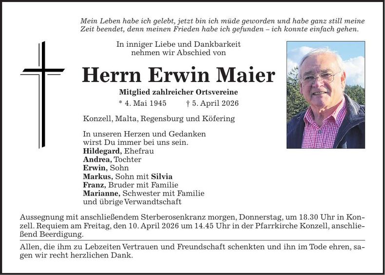 Traueranzeige Erwin Maier