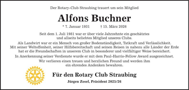 Traueranzeige Alfons Buchner