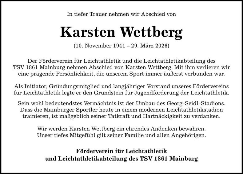 Traueranzeige Karsten Wettberg