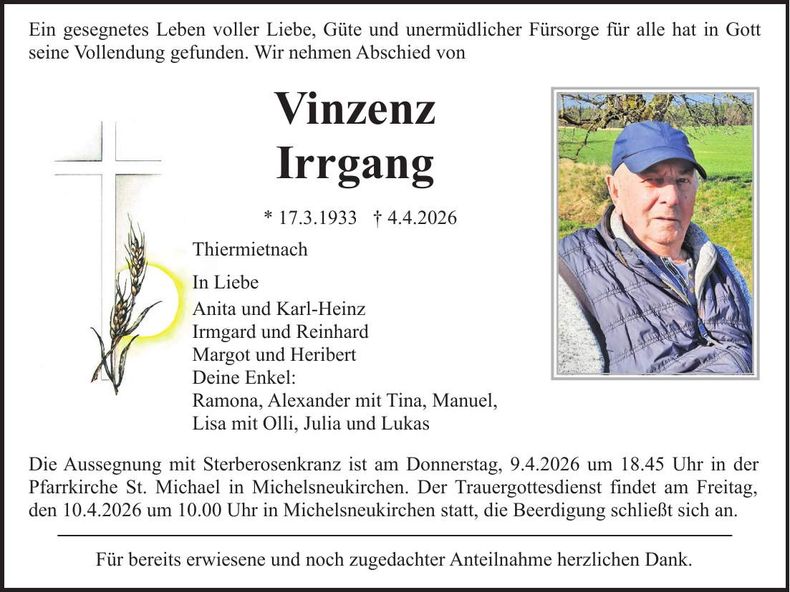 Traueranzeige Vinzenz Irrgang