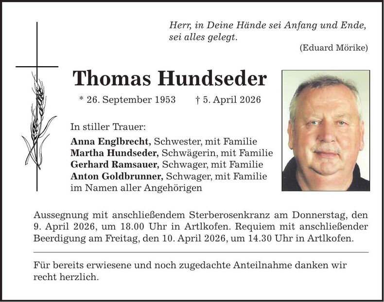 Traueranzeige Thomas Hundseder
