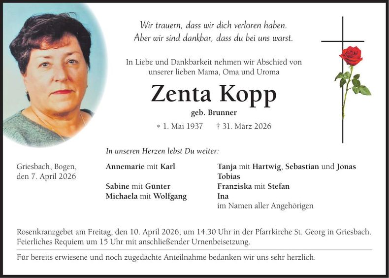 Traueranzeige Zenta Kopp