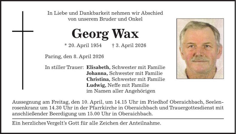Traueranzeige Georg Wax
