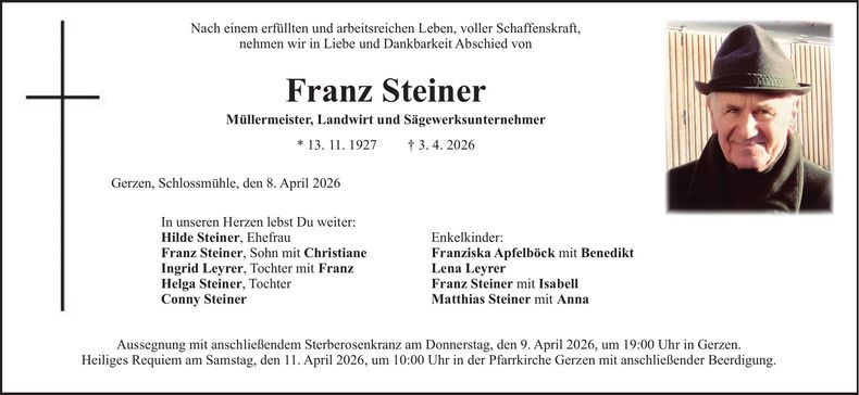 Traueranzeige Franz Steiner