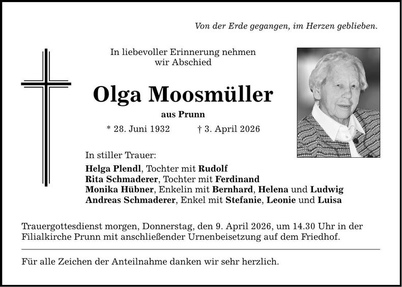 Traueranzeige  Olga   Moosmüller