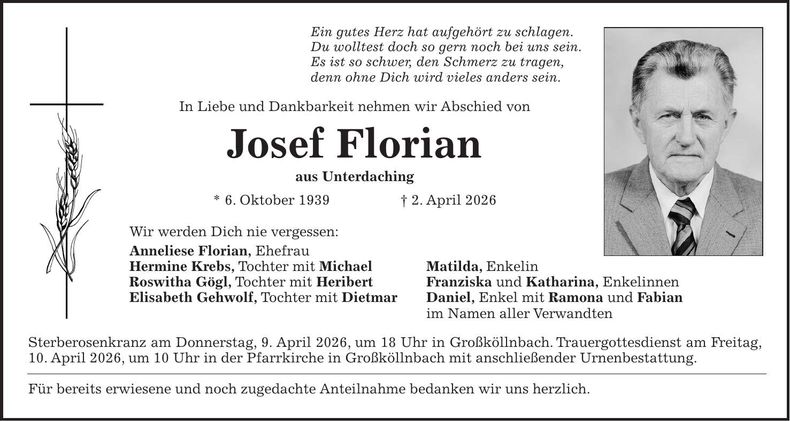 Traueranzeige Josef Florian