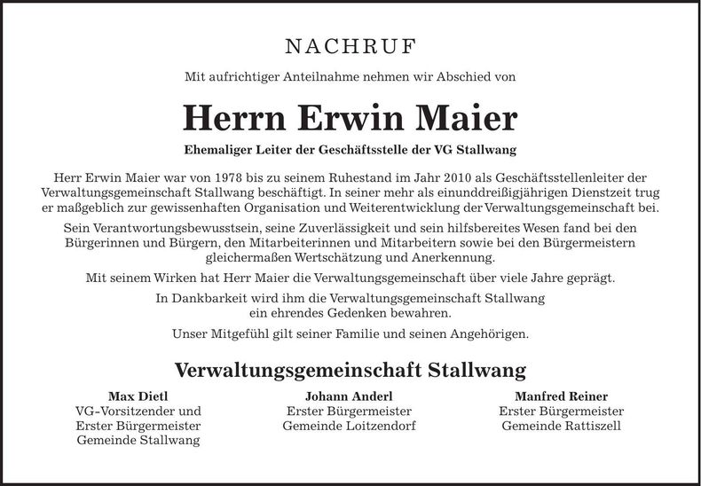 Traueranzeige Erwin Maier