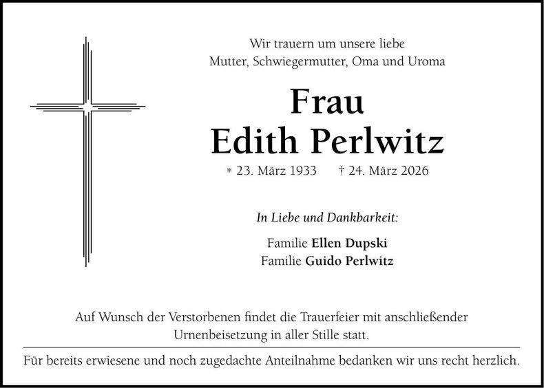 Traueranzeige Edith Perlwitz