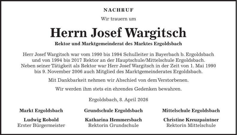 Traueranzeige Josef Wargitsch