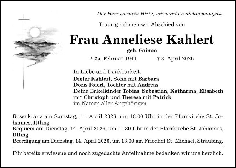 Traueranzeige Anneliese Kahlert