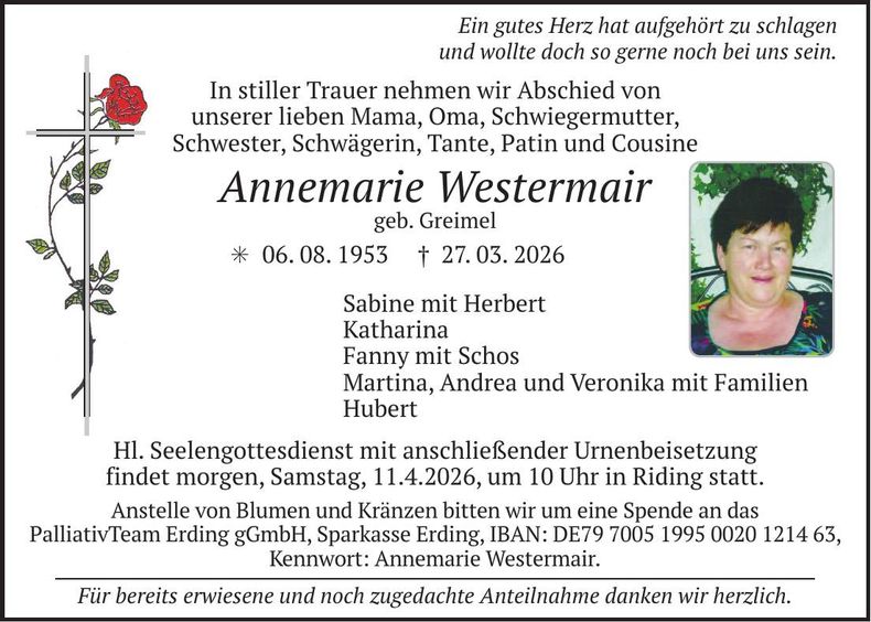 Traueranzeige Annemarie Westermair