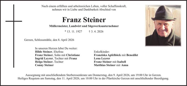 Traueranzeige Franz Steiner
