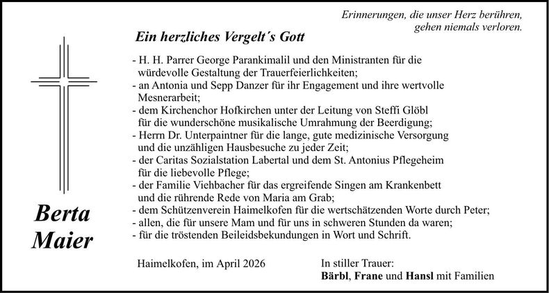 Traueranzeige Berta Maier
