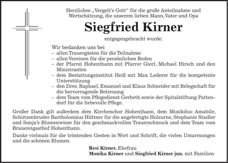 Traueranzeige Siegfried Kirner