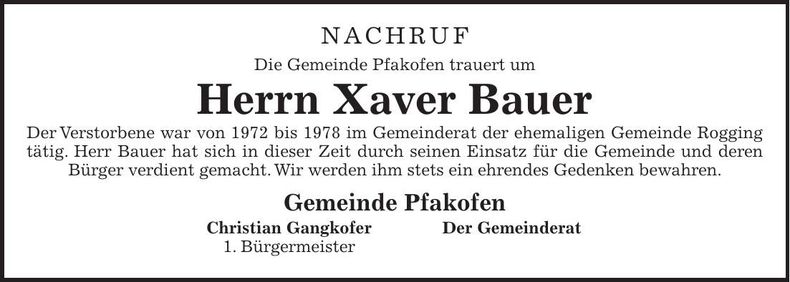 Traueranzeige Xaver Bauer