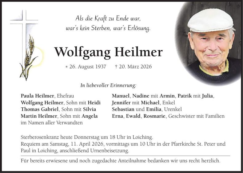 Traueranzeige Wolfgang Heilmer
