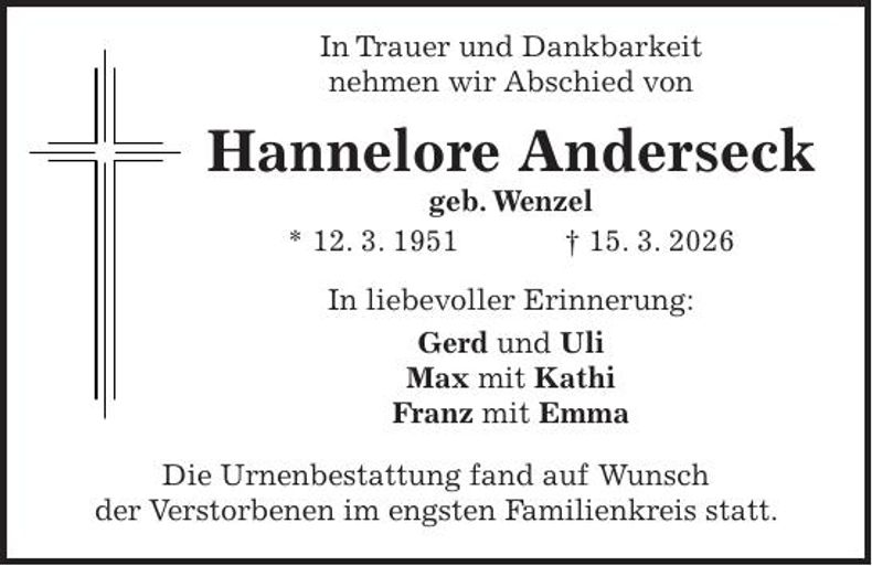 Traueranzeige Hannelore Anderseck