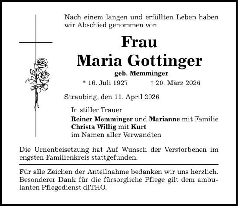 Traueranzeige Maria Gottinger