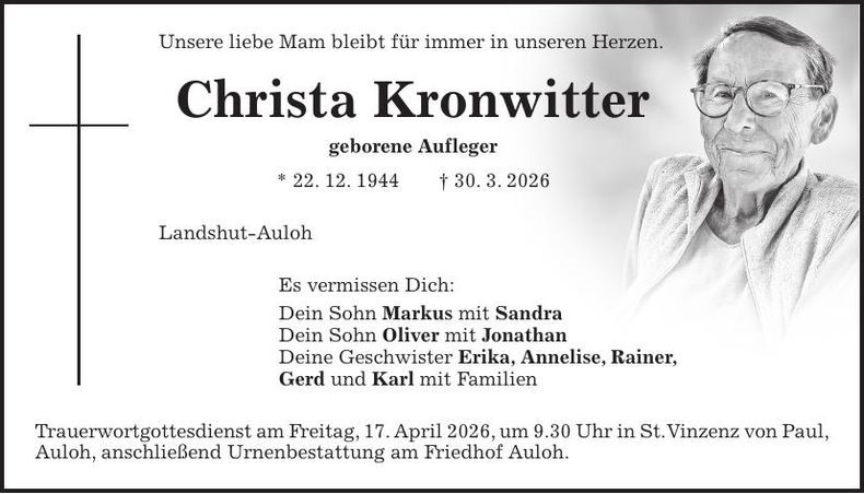 Traueranzeige Christa Kronwitter