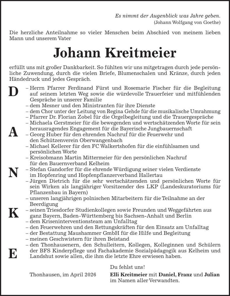 Traueranzeige Johannn Kreitmeier