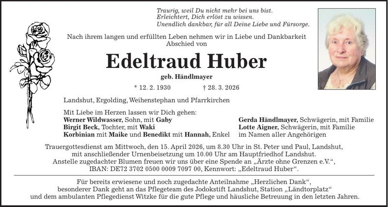 Traueranzeige Edeltraud Huber